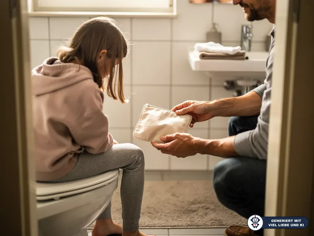 Vater reicht seiner Tochter im Bad eine kleine Stofftasche mit Menstruationsartikeln. (mit KI erstellt)