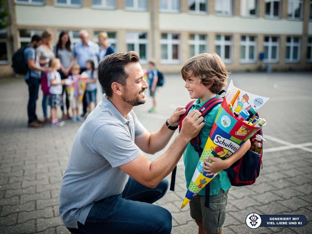 Vater richtet auf dem Schulhof den Ranzen seines Sohnes, der eine Schultüte im Arm hält. (mit KI erstellt)