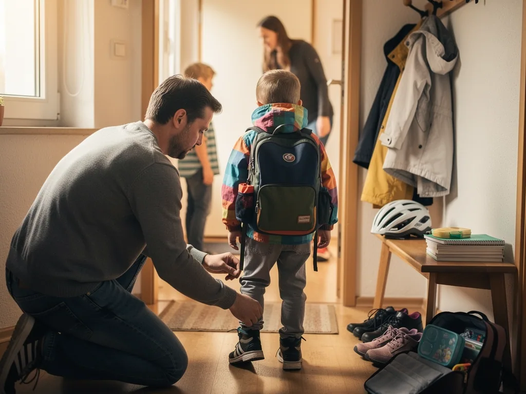 Vater richtet einem Kind mit Schulranzen im Flur die Kleidung; im Hintergrund stehen Mutter und Kind an der Tür.