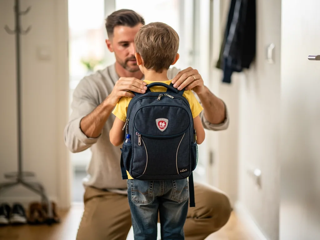 Vater richtet seinem Sohn im Flur die Träger eines blauen Schulranzens auf dem Rücken.