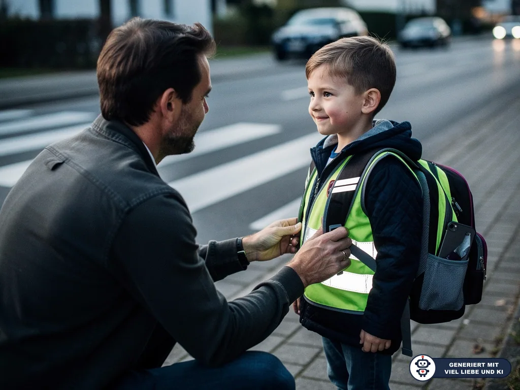 Vater richtet Warnweste eines Jungen mit Schulranzen am Zebrastreifen neben einer Straße. (mit KI erstellt)