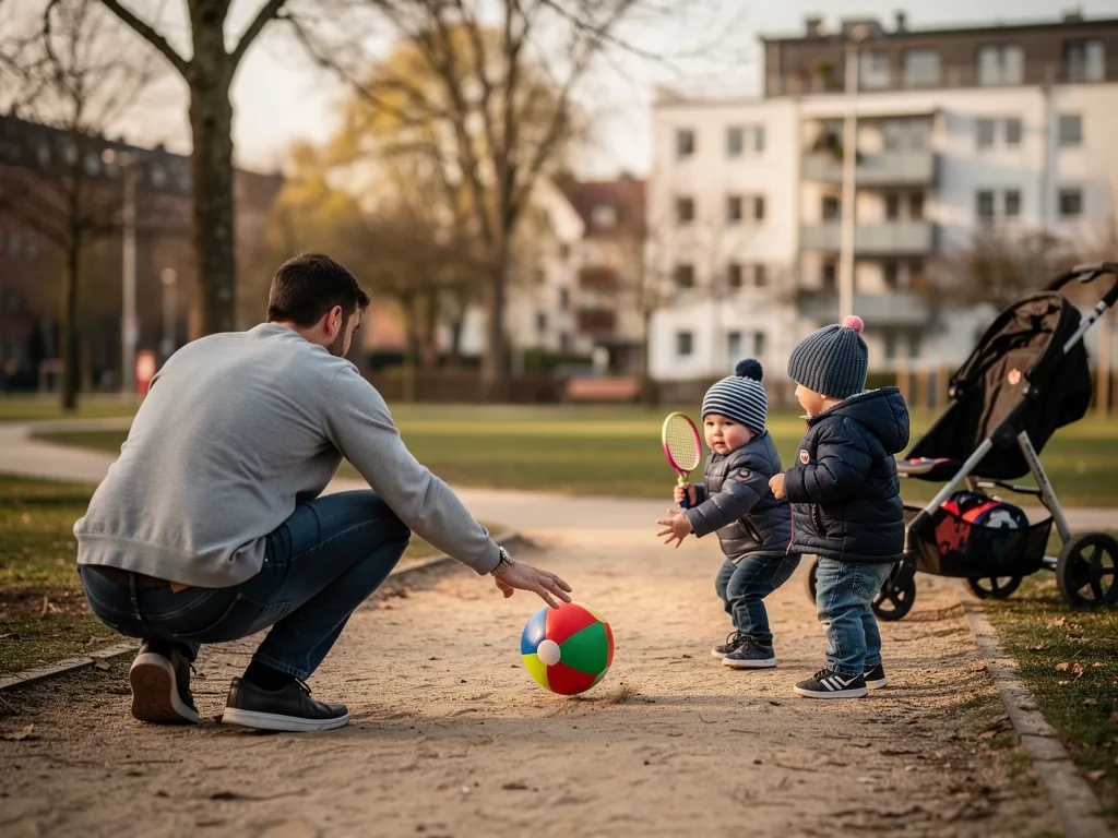 Vater rollt Kleinkindern im Park einen bunten Ball zu, eines hält einen kleinen Tennisschläger.