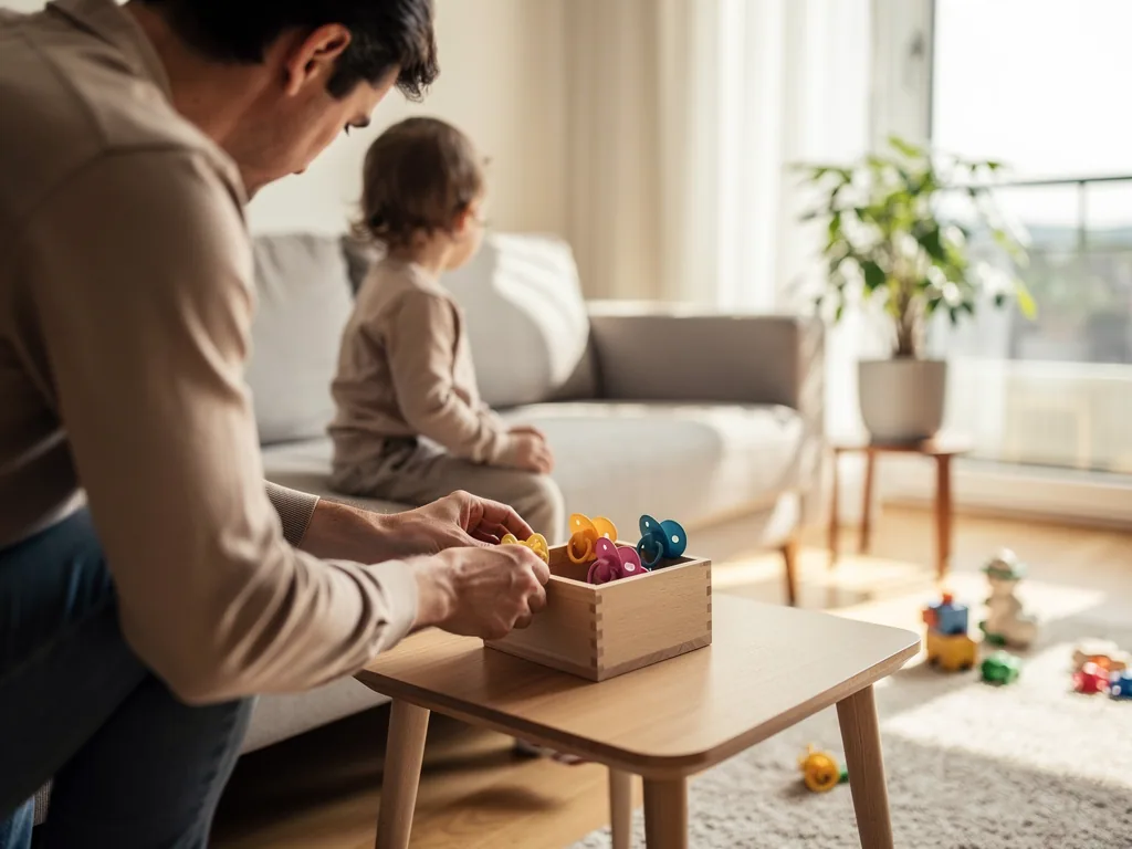 Vater sammelt mehrere Schnuller in einer Holzkiste, während ein Kind auf dem Sofa sitzt.