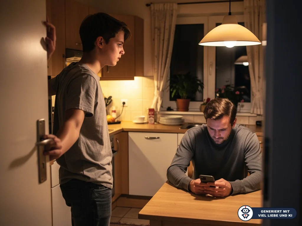 Vater schaut am Küchentisch aufs Smartphone, während ein Teenager angespannt in der Tür steht. (mit KI erstellt)