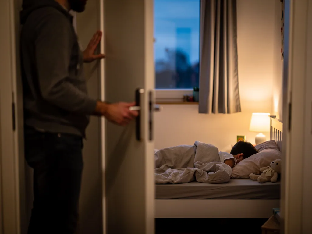 Vater schaut durch die geöffnete Tür auf ein schlafendes Kind im Bett mit Nachtlampe und Kuscheltier.