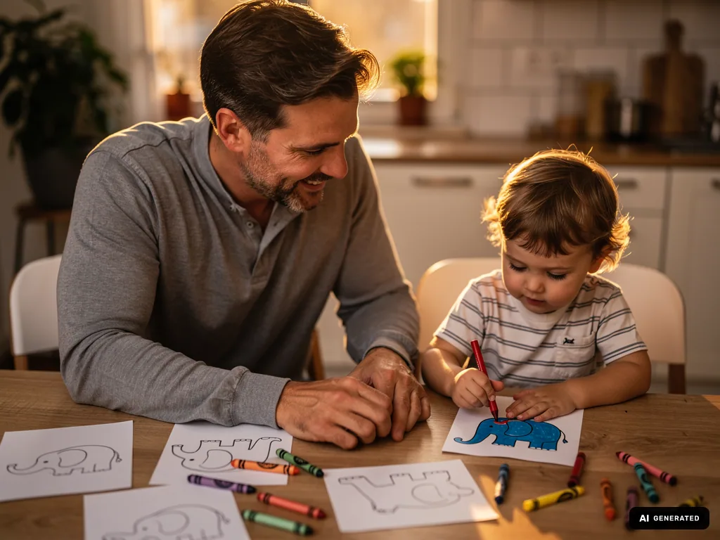 Vater schaut lächelnd zu, während ein Kleinkind am Küchentisch einen Elefanten ausmalt. (mit KI erstellt)