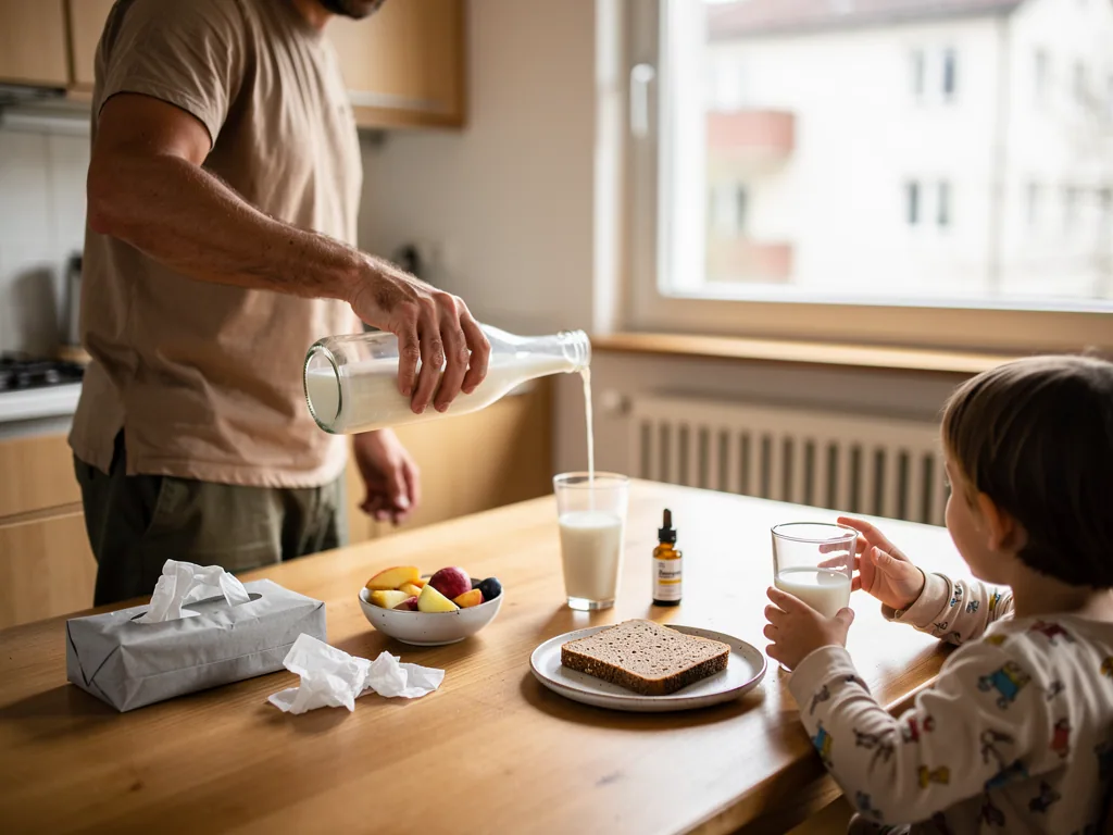 Vater schenkt Milch in ein Glas ein, während ein Kind am Frühstückstisch Milch trinkt; daneben Taschentücher.