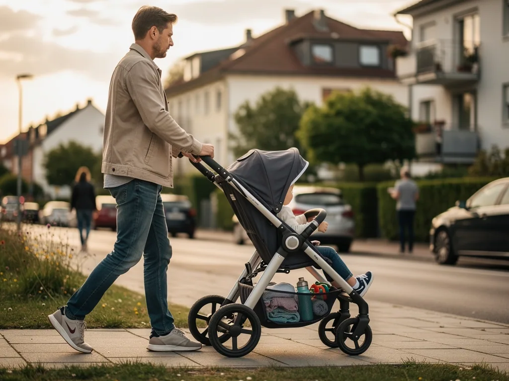 Vater schiebt ein Kind im Buggy auf einem Gehweg in einer Wohnstraße mit parkenden Autos.