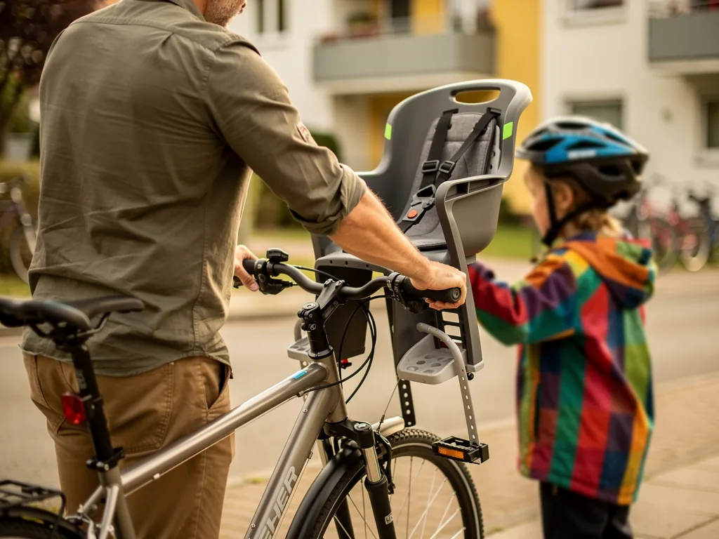 Vater schiebt Fahrrad mit leerem Front-Kindersitz, daneben steht ein Kind mit Helm auf dem Gehweg.