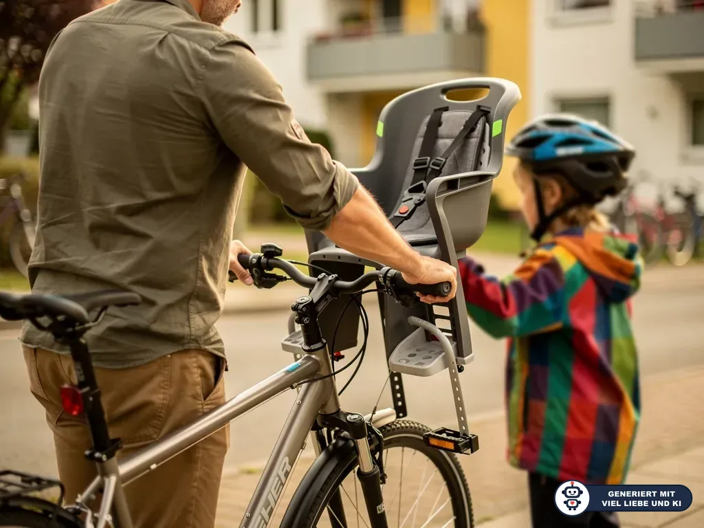 Vater schiebt Fahrrad mit leerem Front-Kindersitz, daneben steht ein Kind mit Helm auf dem Gehweg. (mit KI erstellt)