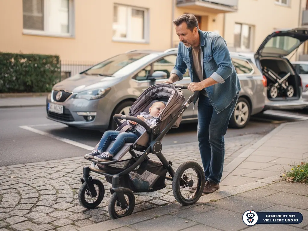 Vater schiebt Kinderwagen mit großen Rädern über Bordstein, im Hintergrund steht ein Auto mit offenem Kofferraum. (mit KI erstellt)