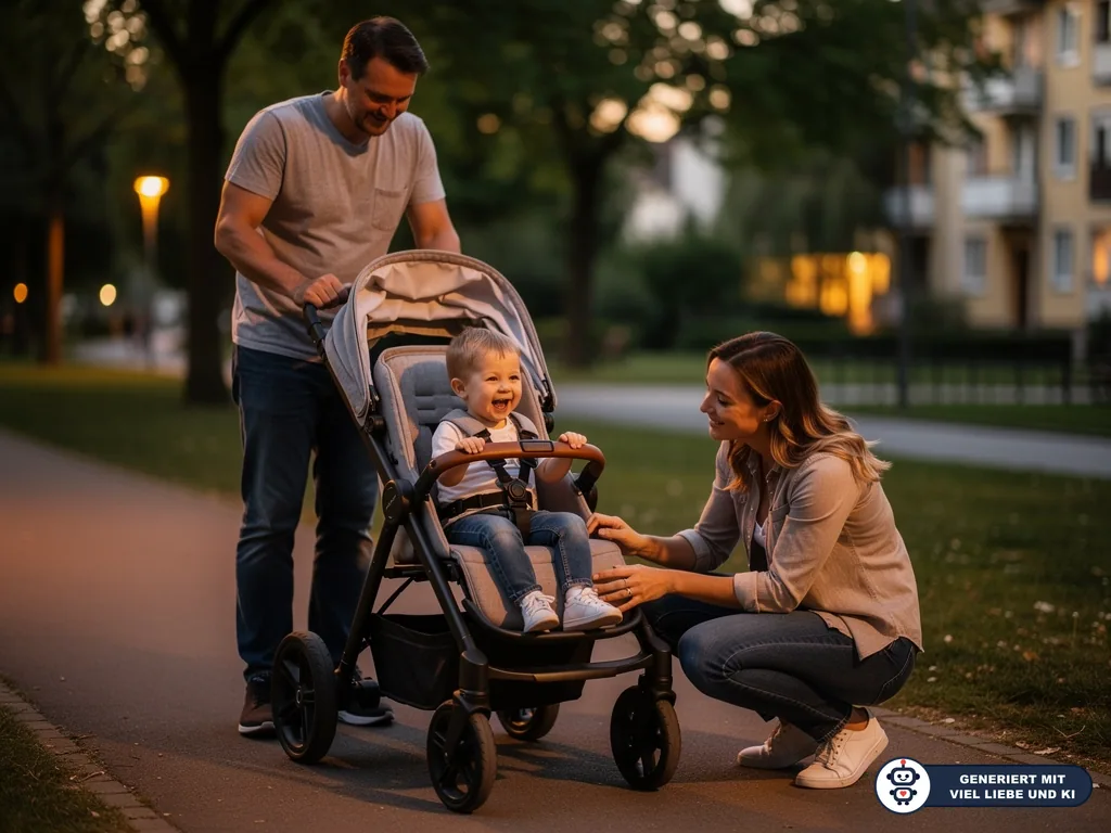 Vater schiebt Kleinkind im Kinderwagen, Mutter kniet daneben auf einem Parkweg in der Abenddämmerung. (mit KI erstellt)
