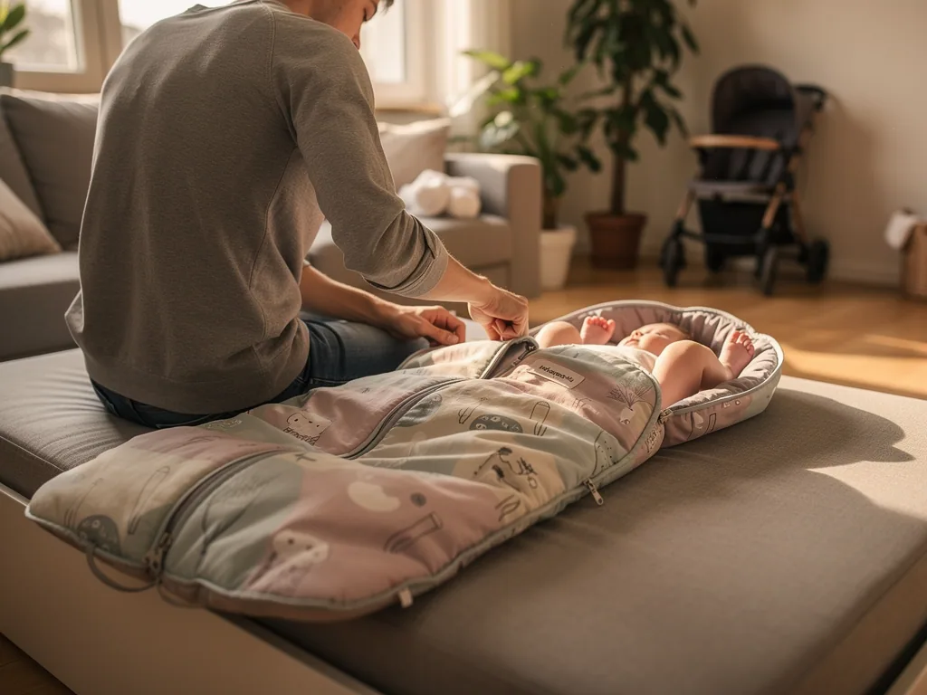 Vater schließt einem Baby auf dem Sofa einen gepolsterten Babyschlafsack mit Reißverschluss.