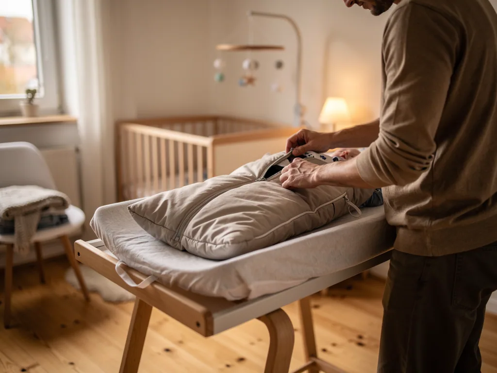 Vater schließt einem Baby im Babyschlafsack den Reißverschluss auf dem Wickeltisch im Kinderzimmer.