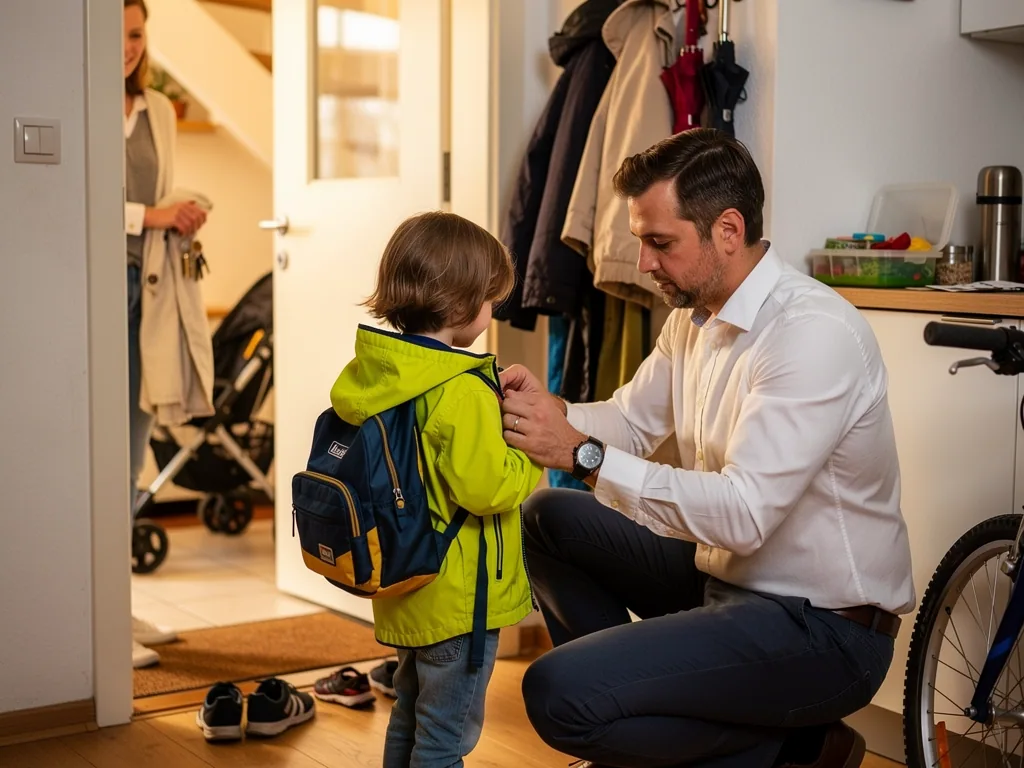 Vater schließt einem Kind mit Rucksack im Flur die Jacke, während eine Frau an der Wohnungstür wartet.