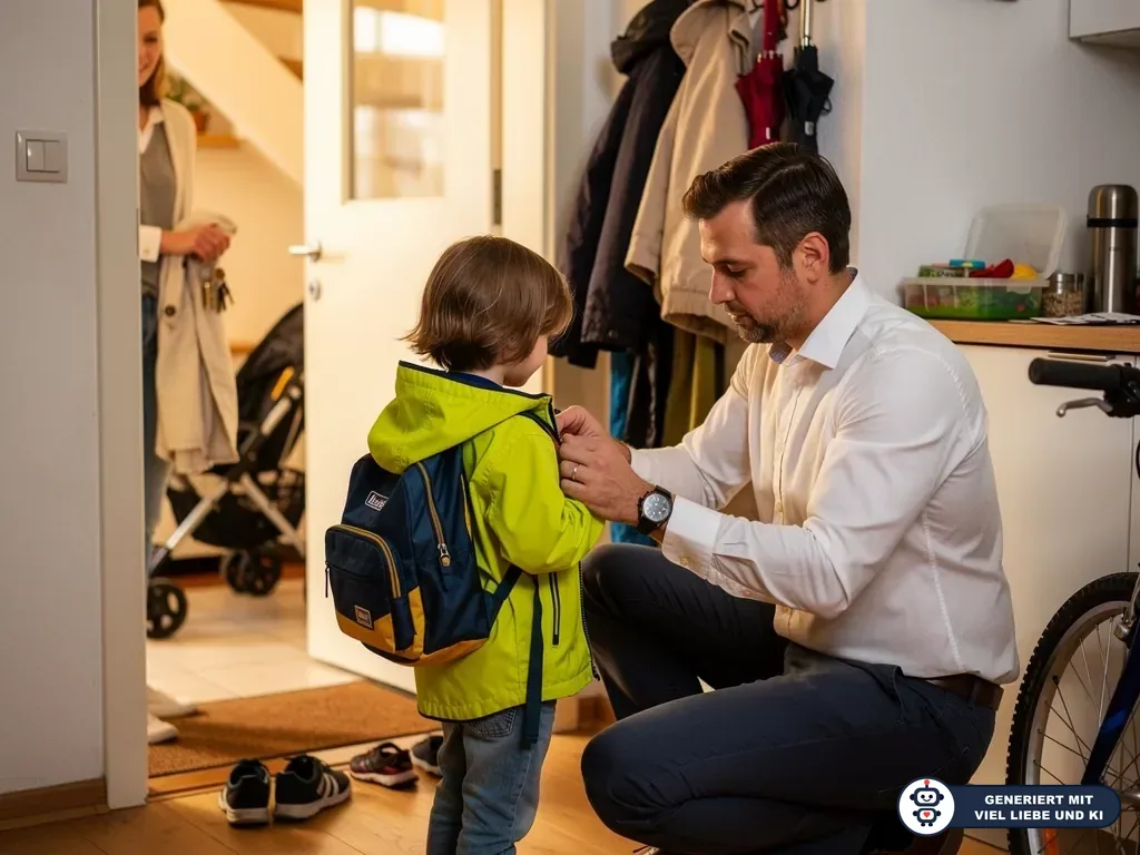 Vater schließt einem Kind mit Rucksack im Flur die Jacke, während eine Frau an der Wohnungstür wartet. (mit KI erstellt)