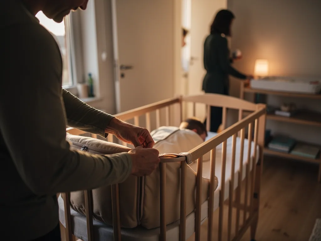 Vater schließt Schlafsack am Babybett, während ein Baby schläft und eine Frau im Zimmer steht.