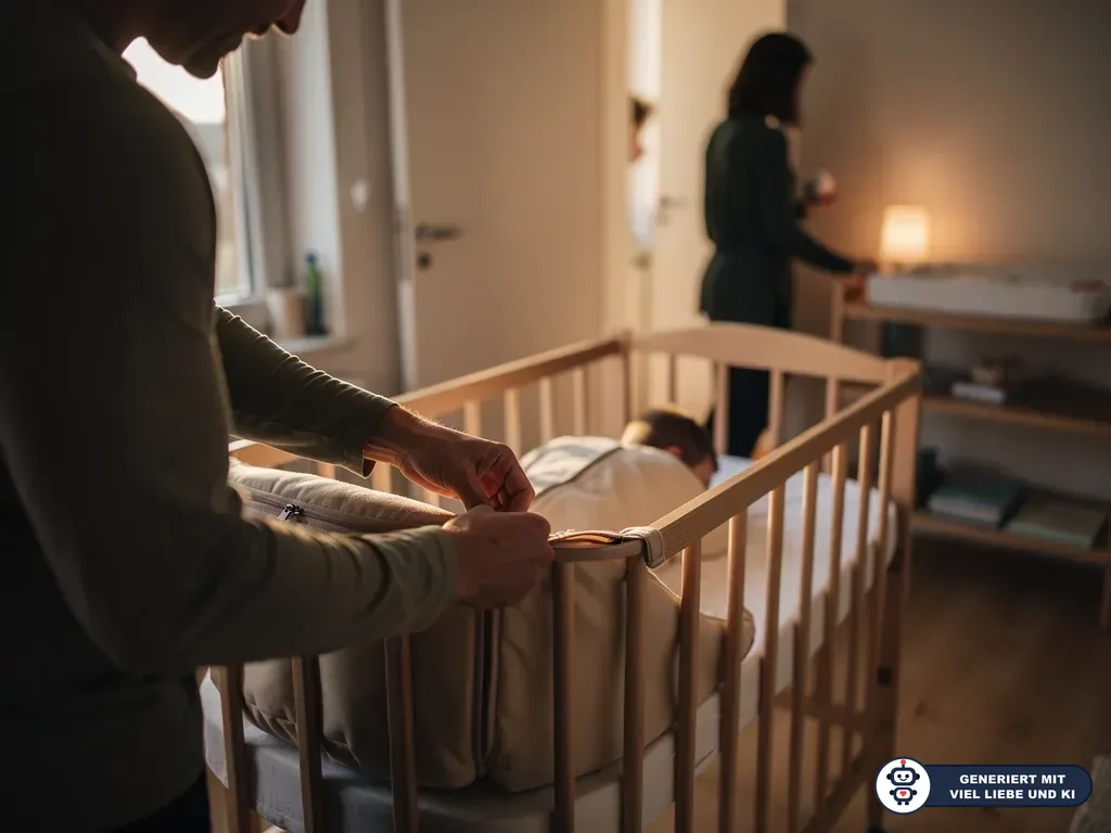 Vater schließt Schlafsack am Babybett, während ein Baby schläft und eine Frau im Zimmer steht. (mit KI erstellt)