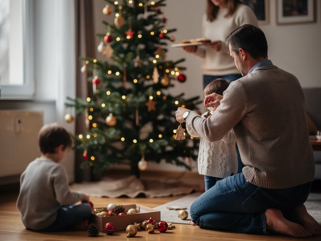 Vater schmückt mit zwei Kindern den Weihnachtsbaum, während eine Frau Gebäck bringt.