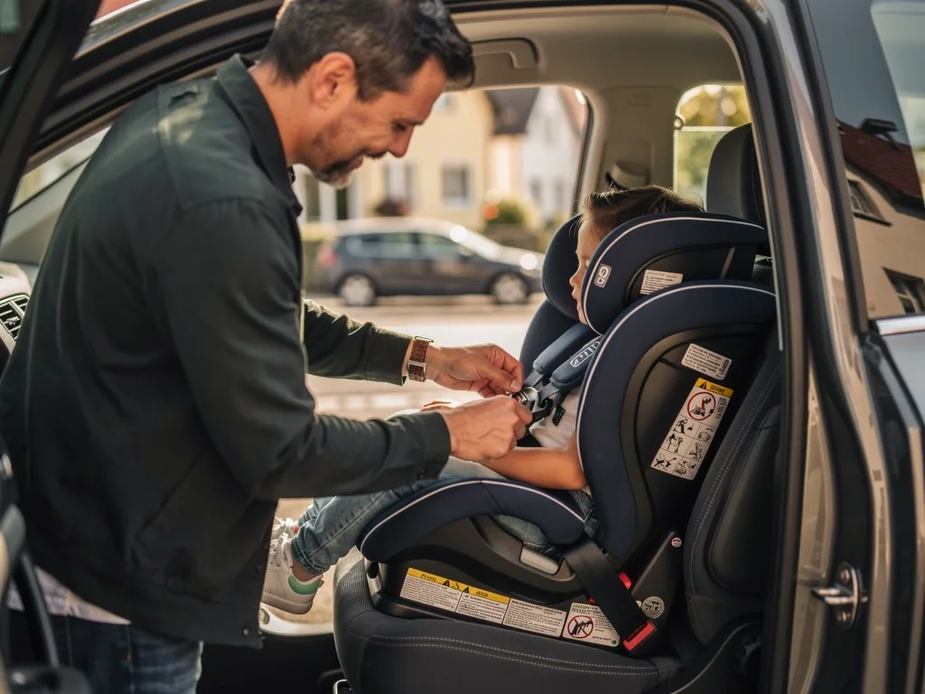 Vater schnallt ein Kind im Kindersitz auf der Rückbank eines Autos an.