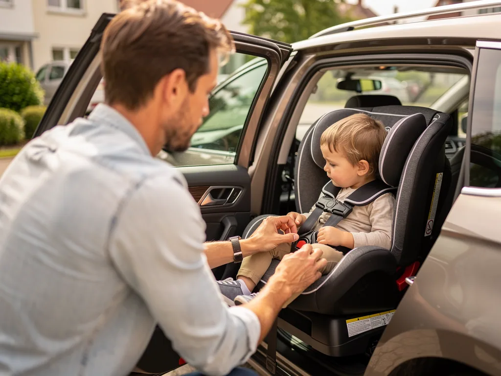 Vater schnallt Kleinkind im Kindersitz auf der Rückbank eines Autos an.