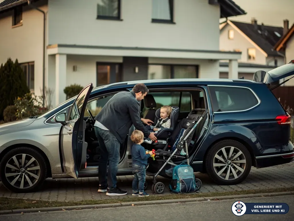 Vater schnallt Kleinkind im Kindersitz eines Vans an, zweites Kind steht daneben, Buggy und Rucksack vor Wohnhaus. (mit KI erstellt)
