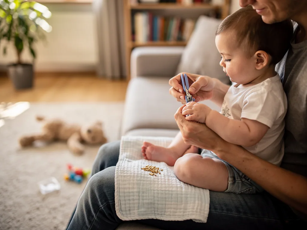 Vater schneidet dem Baby auf dem Schoß mit einem Nagelknipser die Fingernägel im Wohnzimmer.