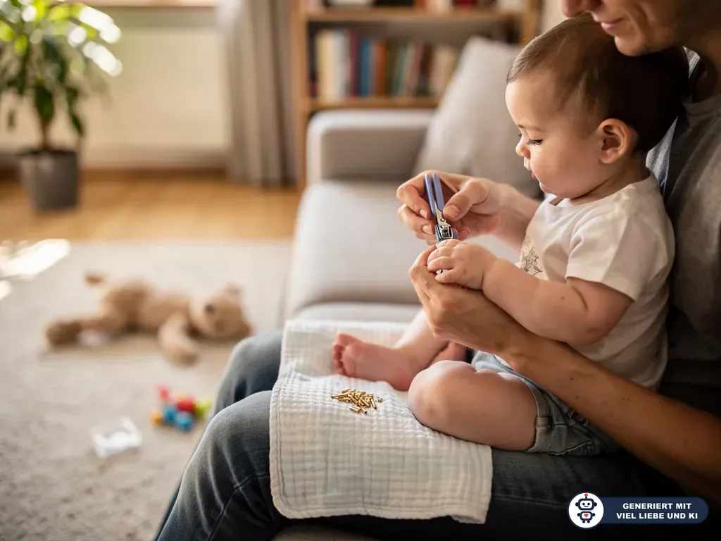 Vater schneidet dem Baby auf dem Schoß mit einem Nagelknipser die Fingernägel im Wohnzimmer. (mit KI erstellt)