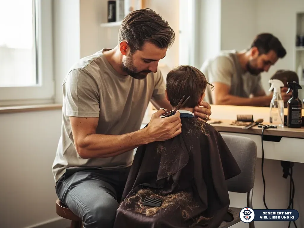 Vater schneidet einem Kleinkind im Friseursalon die Haare, während das Kind mit Umhang auf einem Stuhl sitzt. (mit KI erstellt)