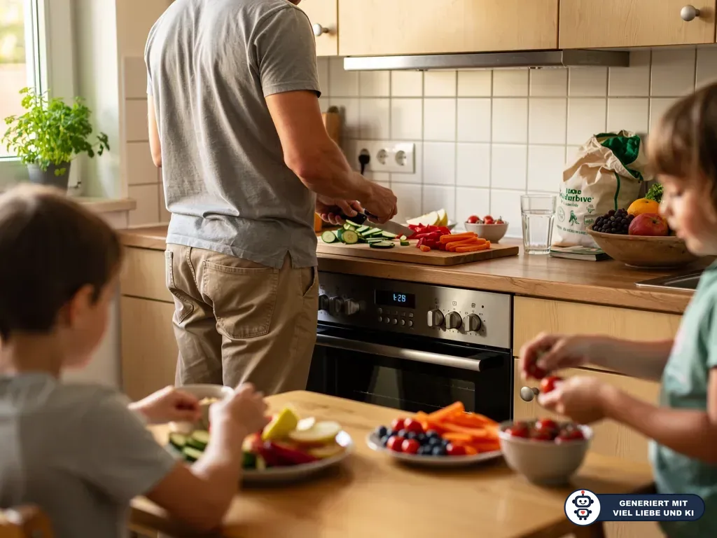 Vater schneidet Gemüse in der Küche, zwei Kinder essen Obst, Gemüsesticks und Beeren am Tisch. (mit KI erstellt)