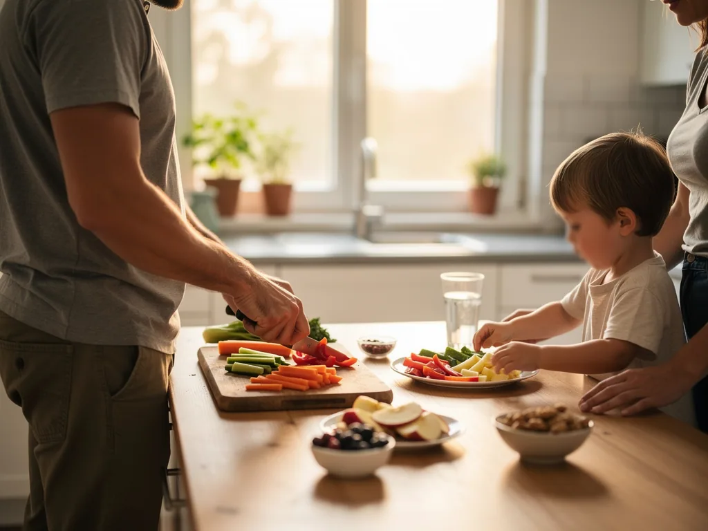 Vater schneidet Gemüse, Kind belegt einen Teller mit Obst und Paprika, Mutter steht daneben in heller Küche.
