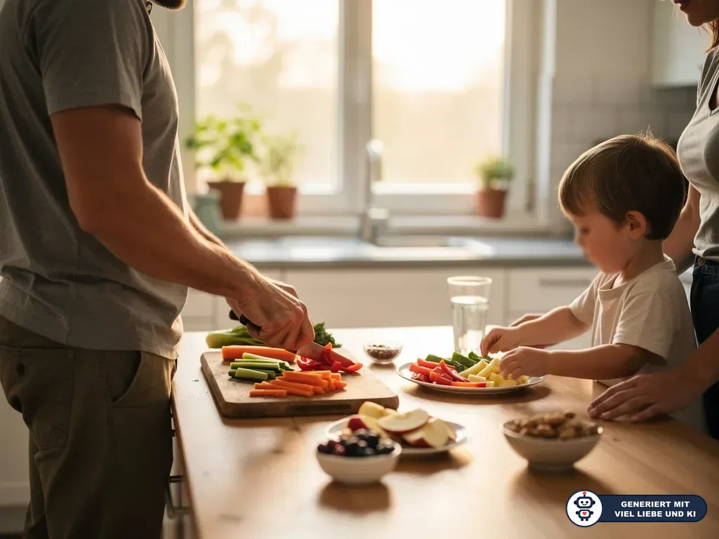 Vater schneidet Gemüse, Kind belegt einen Teller mit Obst und Paprika, Mutter steht daneben in heller Küche. (mit KI erstellt)