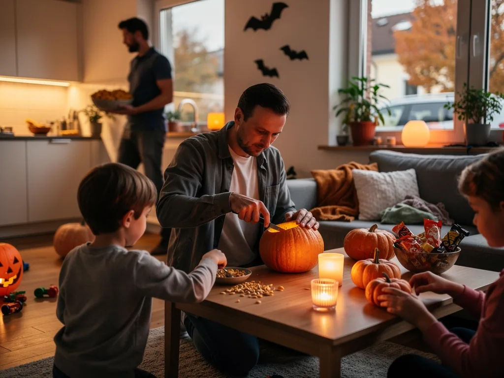 Vater schnitzt mit Kindern Kürbisse im Wohnzimmer, Halloween-Deko und Süßigkeiten liegen auf dem Tisch.