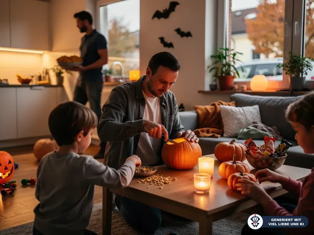 Vater schnitzt mit Kindern Kürbisse im Wohnzimmer, Halloween-Deko und Süßigkeiten liegen auf dem Tisch. (mit KI erstellt)