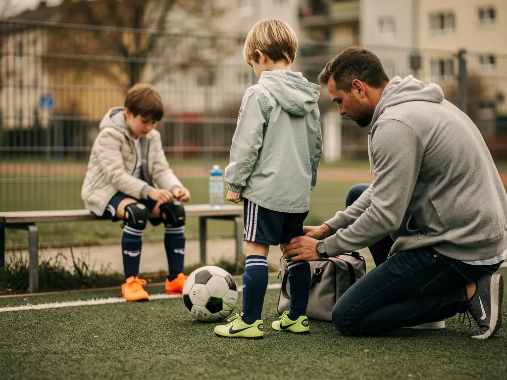 Vater schnürt einem Kind am Fußballplatz die Schuhe, ein zweites Kind sitzt mit Ball auf der Bank.