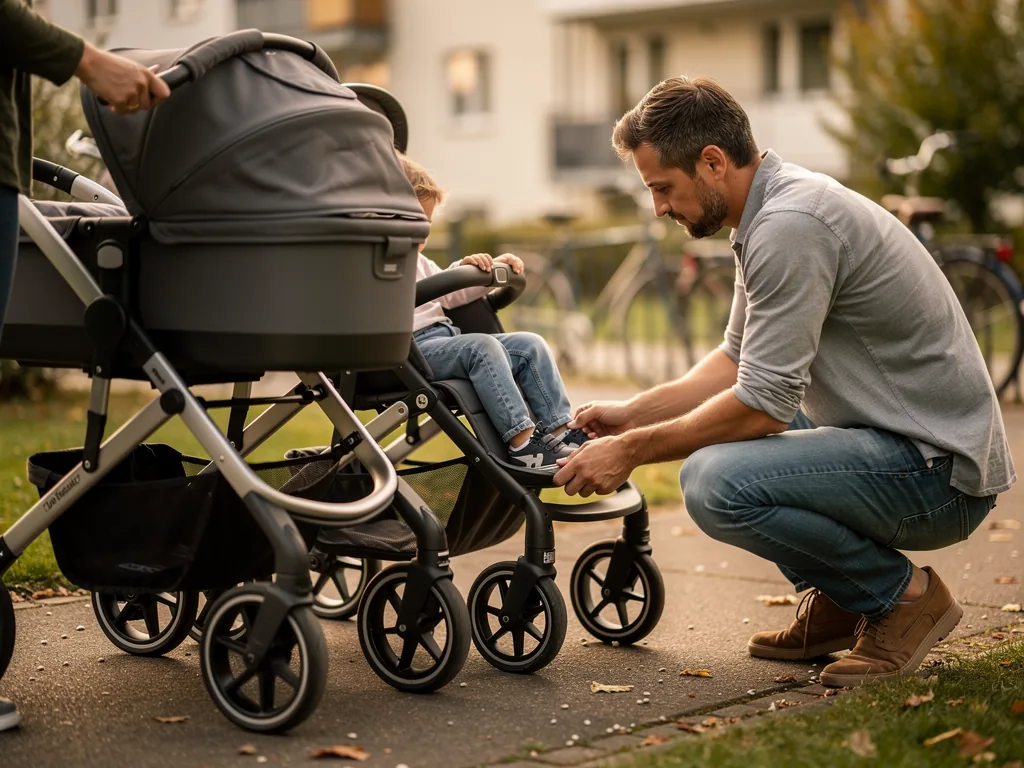 Vater schnürt einem Kind im Buggy die Schuhe, daneben steht ein Kinderwagen auf einem Gehweg.