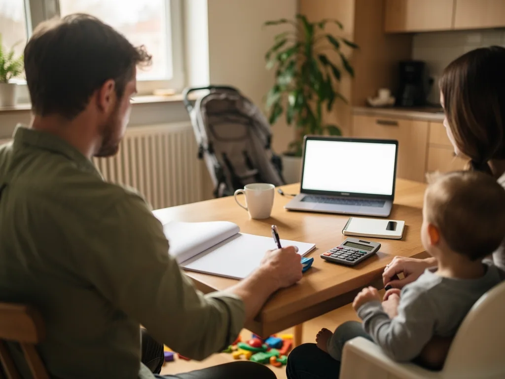 Vater schreibt am Küchentisch Notizen, Mutter mit Baby, Laptop, Rechner und Kinderwagen im Hintergrund.