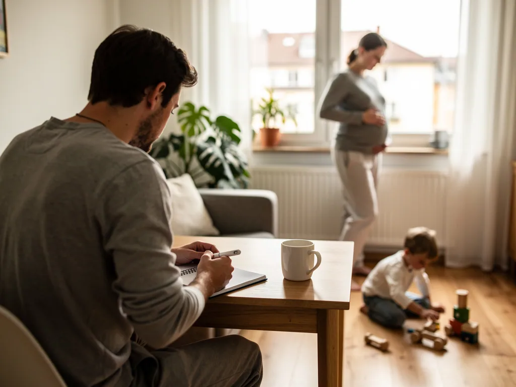 Vater schreibt Notizen am Tisch, während schwangere Partnerin am Fenster steht und ein Kind am Boden spielt.