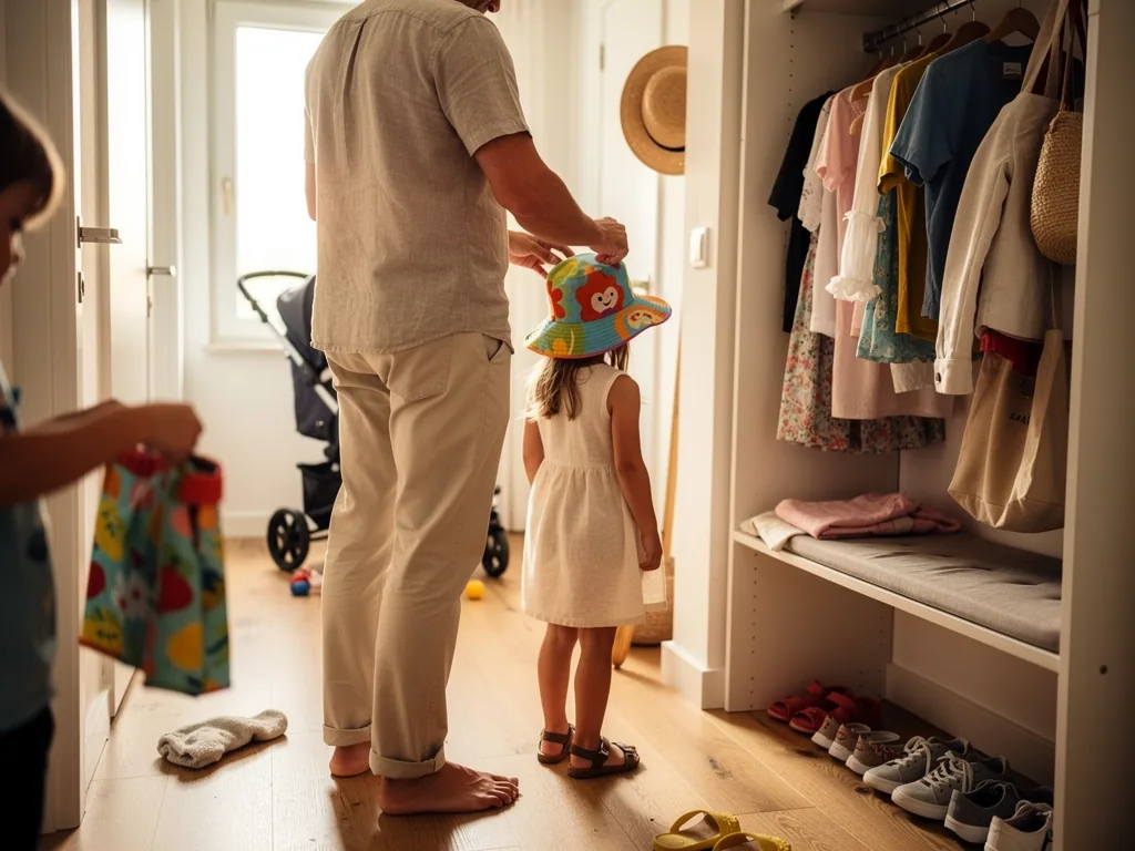 Vater setzt Kind im Flur einen bunten Sonnenhut auf, daneben Kleidung, Schuhe und Kinderwagen für das Sommerfest.