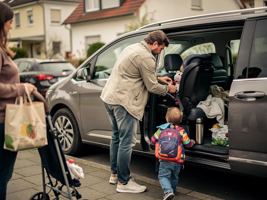 Vater sichert ein Kind im Kindersitz eines Vans, Kleinkind mit Rucksack steht daneben, Mutter wartet mit Einkaufstasche.