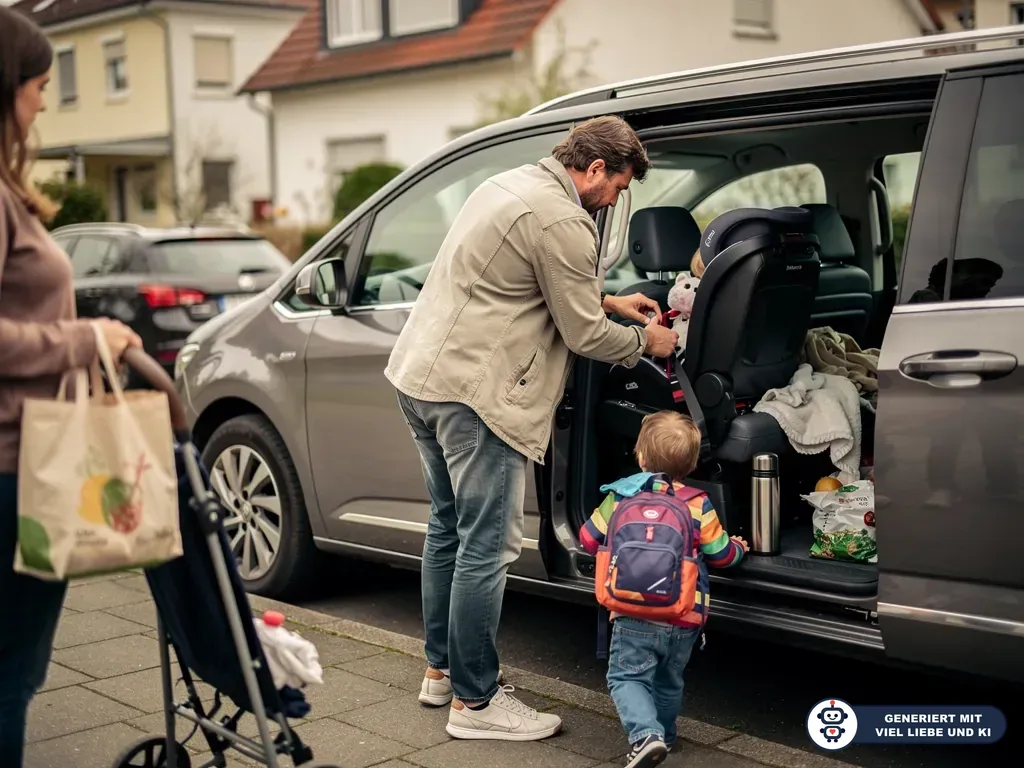Vater sichert ein Kind im Kindersitz eines Vans, Kleinkind mit Rucksack steht daneben, Mutter wartet mit Einkaufstasche. (mit KI erstellt)