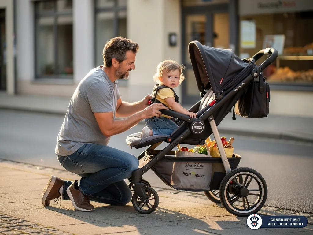 Vater sichert ein Kleinkind im Sportsitz eines Kinderwagens auf dem Gehweg vor Geschäften. (mit KI erstellt)
