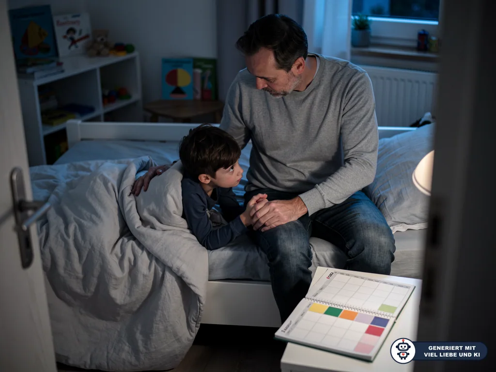 Vater sitzt abends am Kinderbett, hält die Hand seines Sohnes; daneben liegt ein Wochenplaner. (mit KI erstellt)