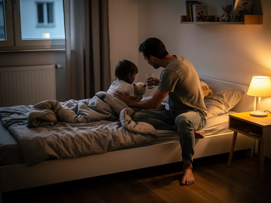 Vater sitzt abends am Kinderbett, tröstet sein Kind mit Kuscheltier und reicht ein Glas Wasser.