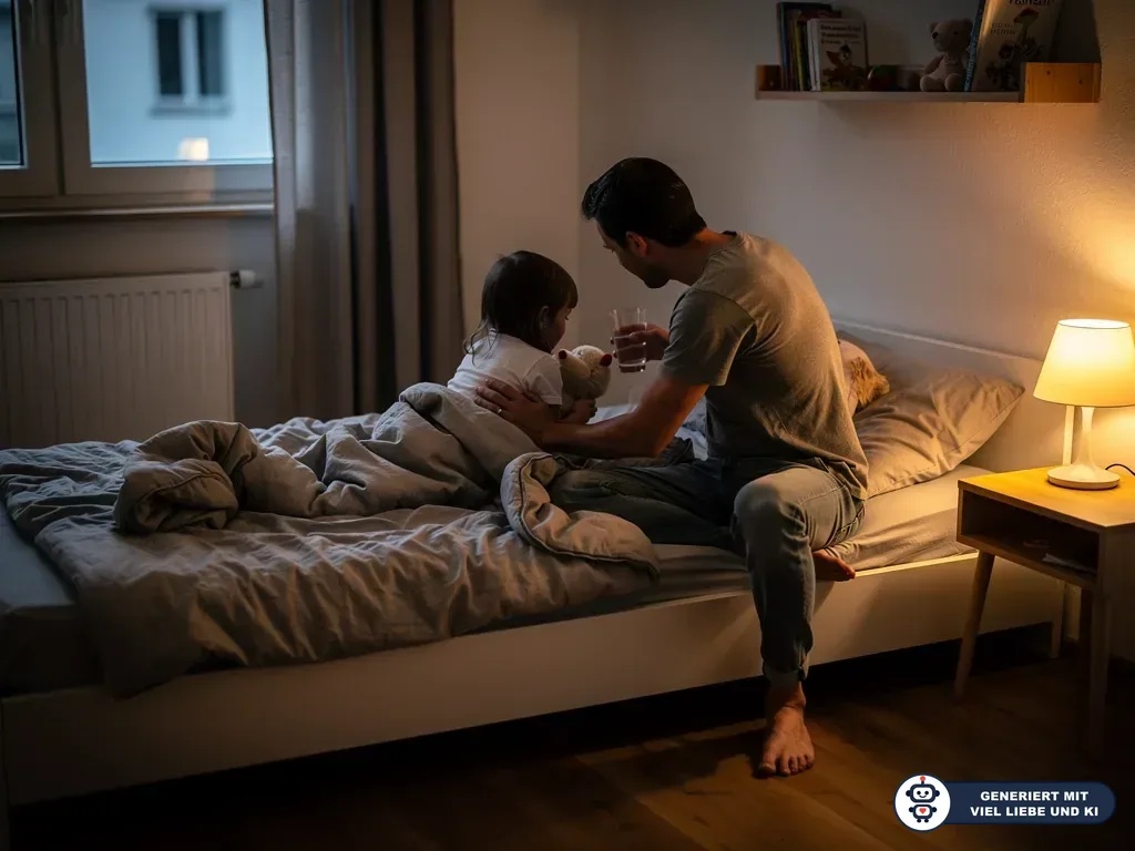Vater sitzt abends am Kinderbett, tröstet sein Kind mit Kuscheltier und reicht ein Glas Wasser. (mit KI erstellt)