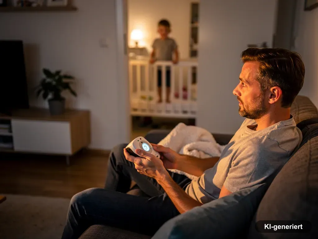 Vater sitzt abends auf dem Sofa und hält ein Babyphone, während ein Kind im Hintergrund im Kinderbett steht. (mit KI erstellt)