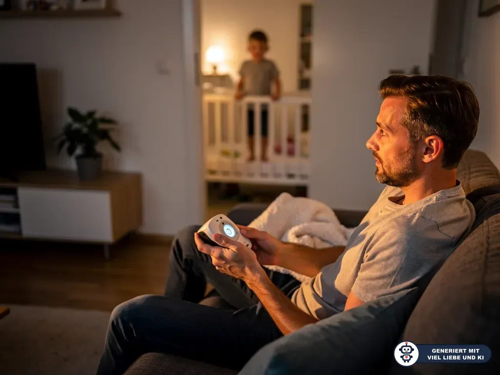 Vater sitzt abends auf dem Sofa und hält ein Babyphone, während ein Kind im Hintergrund im Kinderbett steht. (mit KI erstellt)