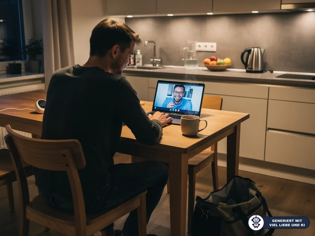 Vater sitzt abends in der Küche am Laptop und führt einen Videoanruf, neben ihm steht eine gepackte Tasche. (mit KI erstellt)
