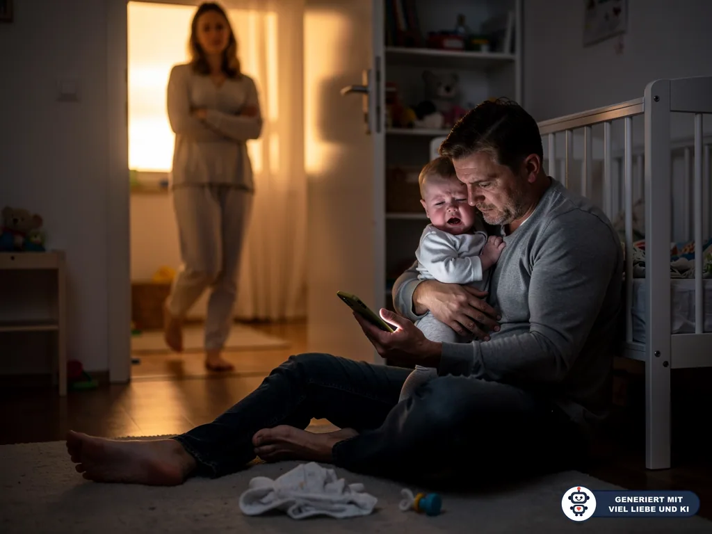 Vater sitzt abends mit weinendem Baby am Babybett und schaut aufs Smartphone, Mutter steht im Türrahmen. (mit KI erstellt)