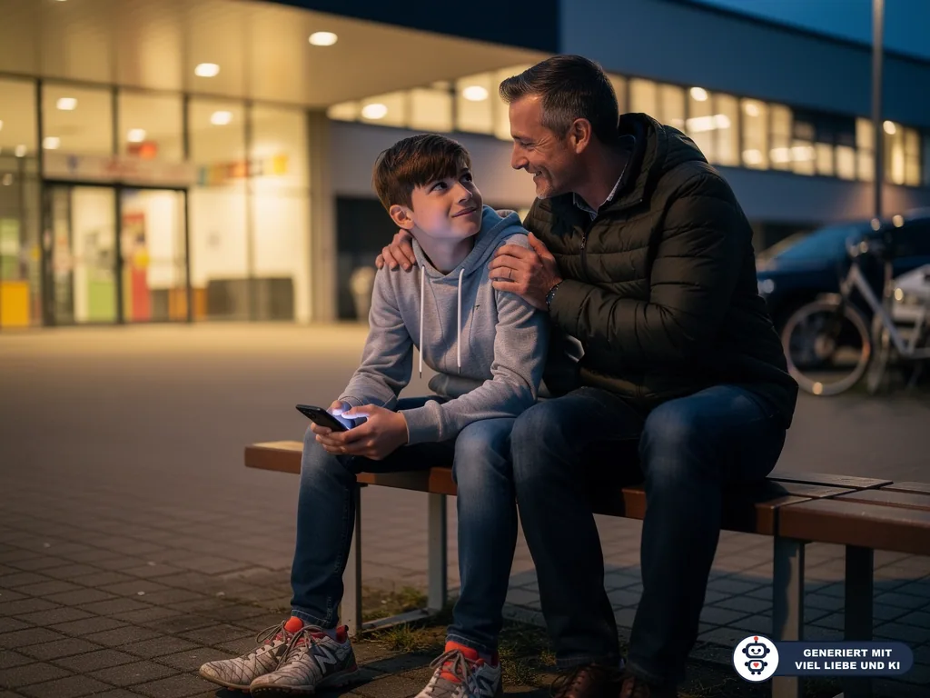 Vater sitzt abends vor einer Schule neben seinem Sohn mit Smartphone und legt ihm unterstützend den Arm um die Schulter. (mit KI erstellt)